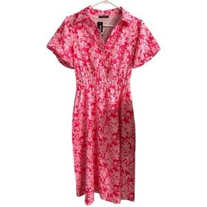 Vibrant Pink and White Floral Midi Dress with pockets